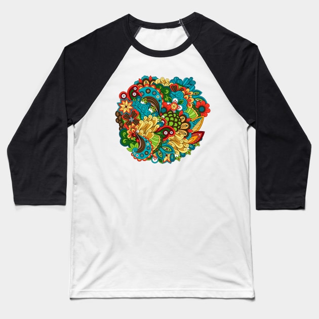 floral circular doodle ethnic Baseball T-Shirt by Mako Design 